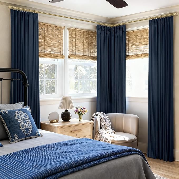 CAPALOCA Pinch Pleated Curtains Blackout, Linen Blackout Curtains 96 inches Long 2 Panels Set for Bedroom, Thermal Insulated Pinch Pleated Drapes for Living Room, 40" W x 96" L (Pack of 2), Navy Blue