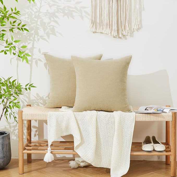 GAWAMAY Decorative Square Throw Pillow Covers 18"x18" Inch Set of 2, Super Soft Chenille Pillows Cover Fall Pillowcase for Living Room Bedroom Sofa Couch Cushion Cover Khaki 45x45cm (No Insert)