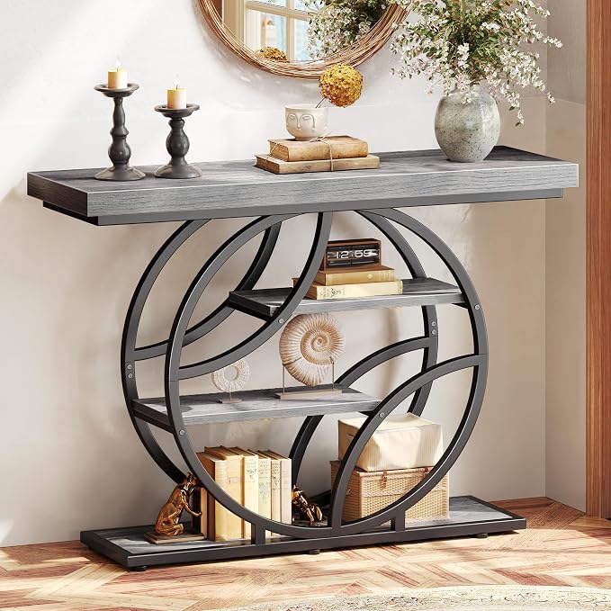 Huuger 41.3 Inch Entryway Table, Modern Console Sofa Table, Accent Table with Shelves, for Entry, Hallway, Entrance, Foyer, O-Shaped Metal Frame, Light Grey