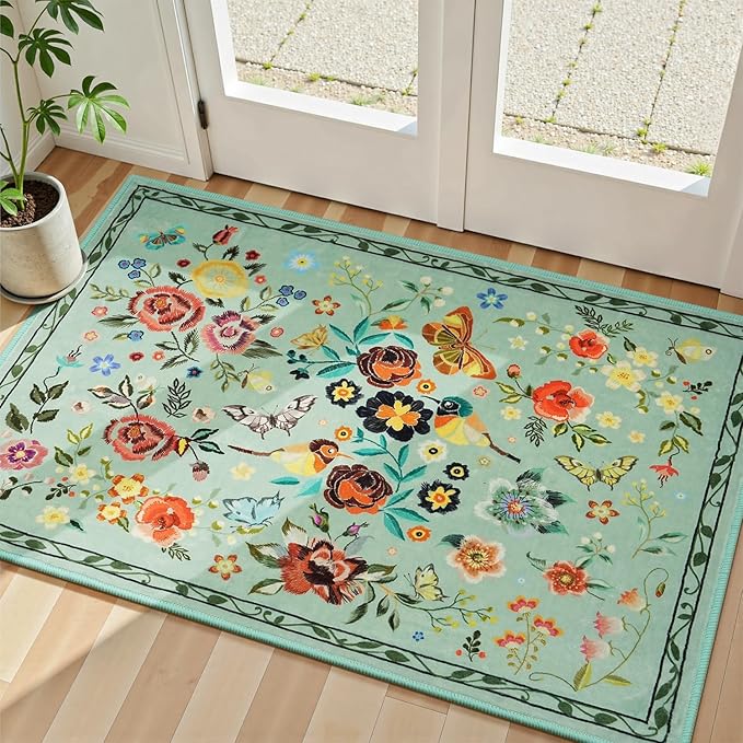 Rugflix 2x3 Small Area Rugs for Entryway, Washable Entrance Door Mat Non-Slip, Soft Low Pile Stain Resistant Vintage Floral Indoor Throw Rug for Kitchen, Bedroom, Hallway, Green