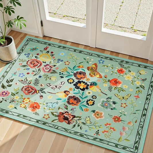 Rugflix 2x3 Small Area Rugs for Entryway, Washable Entrance Door Mat Non-Slip, Soft Low Pile Stain Resistant Vintage Floral Indoor Throw Rug for Kitchen, Bedroom, Hallway, Green