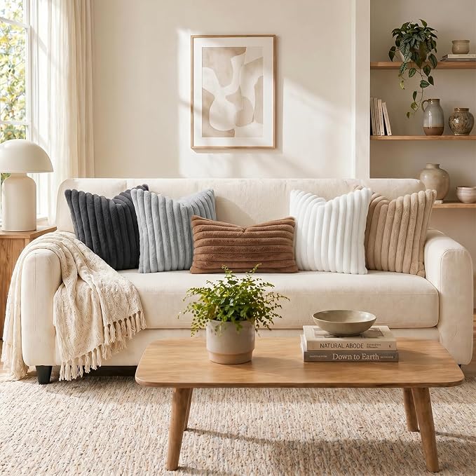 Pallene Faux Fur Plush Throw Pillow Covers 22x22 Set of 2, Luxury Soft Fluffy Striped Decorative Pillow Covers for Sofa, Couch, Living Room, Khaki