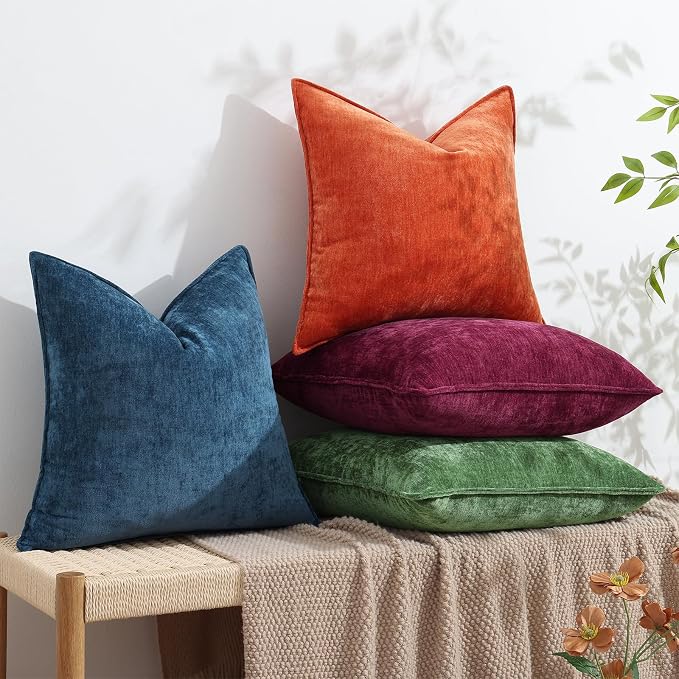 decorUhome Fall Couch Euro Sham Throw Pillow Covers 22x22 Set of 2, Decorative Soft Velvet Modern Cozy Chenille Pillow Cases with Elegant Design for Sofa Bed Living Room Home Decor, Rhododendron