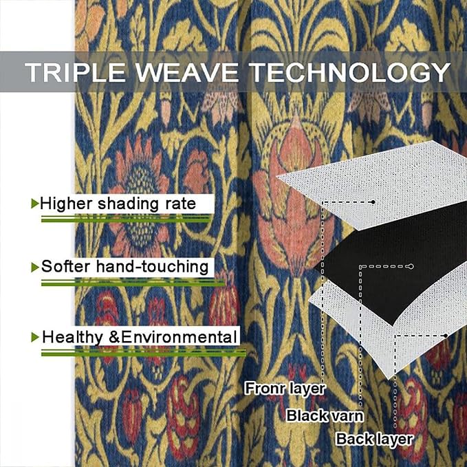 Retro Bohemian William Morris Plant Floral Blackout Window Curtains, Abstract Vintage Country Floral Leaf Pattern Print Window Drapes, for Bedroom Living Room 21(W)*54(L) 2 Panels