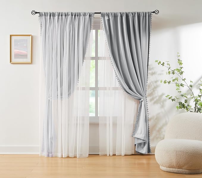Treatmentex Pom-Pom Blackout Curtains with Sheer Overlay for Living Room Bedroom Kid's Nursery Room, Grey Mix and Match Double Layer Room Darkening Window Curtain Panels with Tie Backs, 2 pcs, 52x84