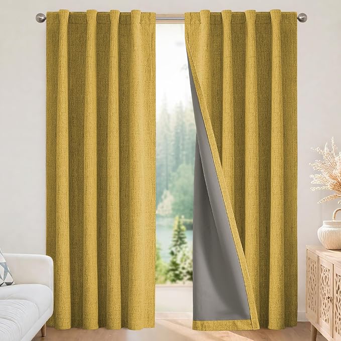 Joydeco Blackout Curtains for Bedroom - 100% Light Blocking 2 Panels Set Yellow Drapes 37" W x 96" L, Thermal Insulated Room Darkening Curtains, Linen Textured for Living Room, Rod Pocket & Back Tabs