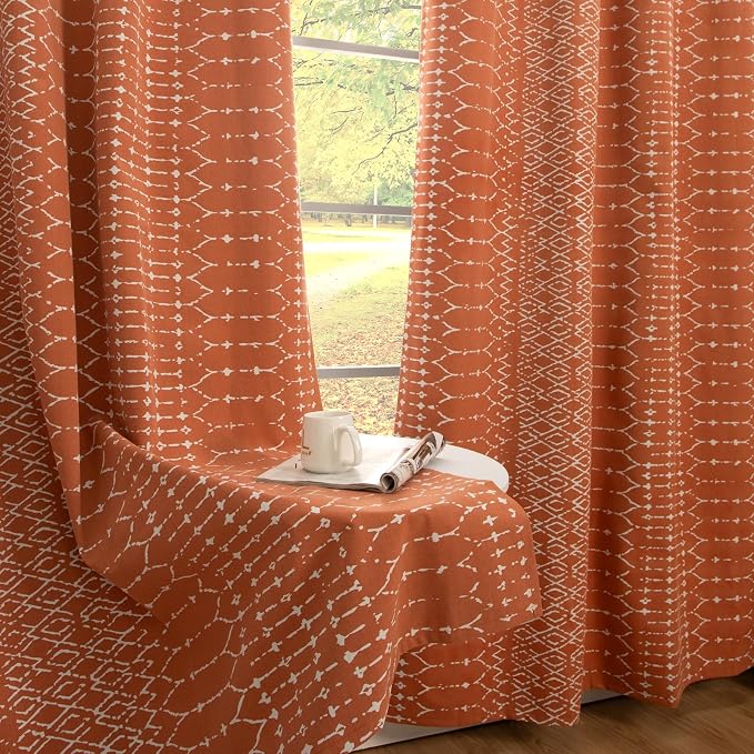 ColorBird 100% Blackout Boho Heat Sun Blocking Curtains & Drapes Bedroom Living Room 84 Inches Burnt Orange Patterned Decorative Thermal Curtains for Dining Rustic Western Room Decor