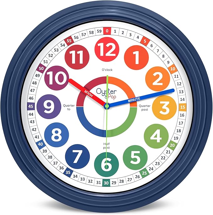 Oyster&Pop Extra Large 16" Kids Clock - Silent Indoor Outdoor Weatherproof Analog Wall Clock - Learning Clock for Kids - Classrooms Homeschool & Patio - Includes How to Tell Time eBook