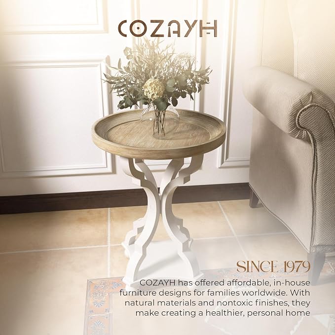 COZAYH Farmhouse Cottagecore End Table, Rustic Wood Tray Top Round Accent Table with White Curved Legs for Family Room, Living Room, or Small Spaces