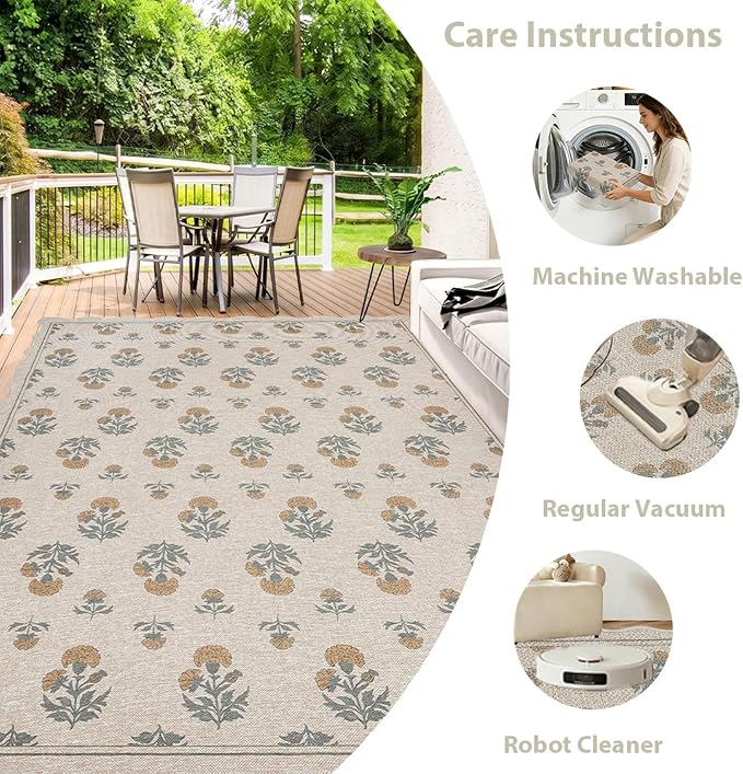 ORTIGIA Scalloped Easy Jute 8x10 Area Rug Vintage Yellow Floral Farmhouse Washable Rug Non-Slip Indoor Outdoor Carpet for Living Room Bedroom Patio Entryway