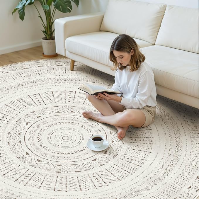cotiled 8x8 Round Area Rugs Living Room Rug: Washable Boho Rugs with Non Slip Backing Large Soft Indoor Stain Resistant Carpet for Bedroom Farmhouse Dining Room Lightweight Home Decor L Brown/Cream