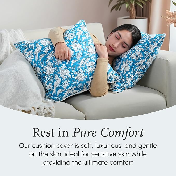 CPC 100% Cotton Throw Pillow Covers 20x20 Inch, Set of 2 Blue Block Print Pattern Couch Pillow, Cute Boho Decorative Pillows for Living Room, Bedroom with Hidden Zipper- Blue Sapphire