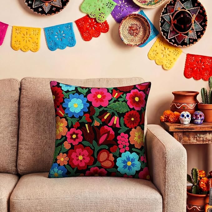 HunnmingRe Mexican Embroidered Throw Pillow with Insert 18 x 18 Inch Mexican Boho Embroidered Pillow Cover Decorative Fiesta Colorful Floral Cushion Decor for Sofa Living Room Couch Bedroom(Black)