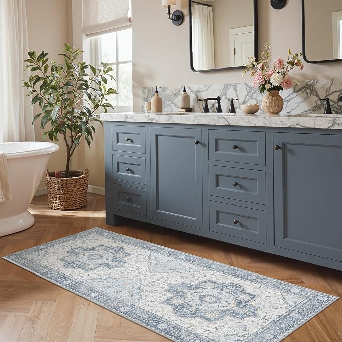 GENIMO Runner Rug 2'6"x8 Machine Washable Non Slip Vintage Hallway Runner Rug, Low Pile Lightweight Rugs for Indoor Entryway, Hallway, Kitchen and Corridor, Light Blue Beige