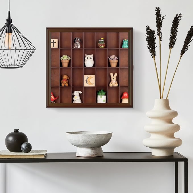 Gallery Solutions - 18x16 Shot Glass Collection - Walnut Collectable Display Case - Hinged Front - 28 Display Slots for Shot Glasses - Bar, Home, Office Accessories