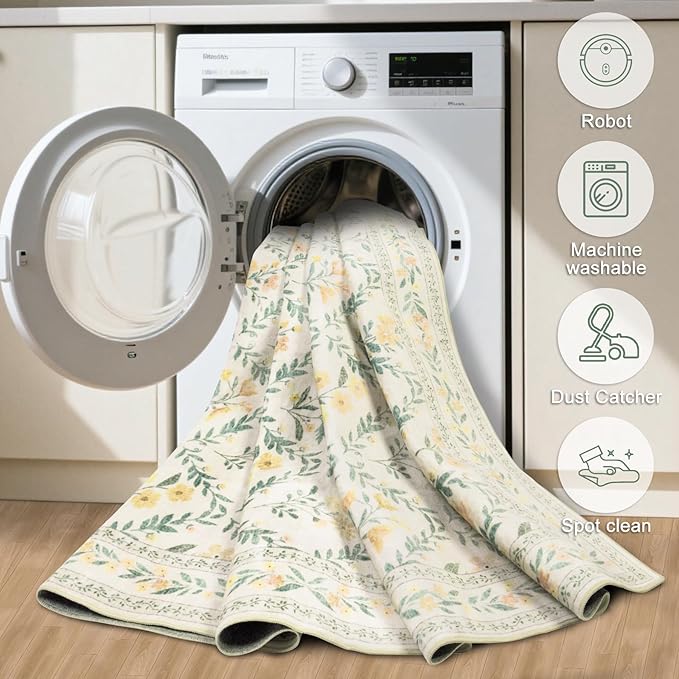 Runner Rug for Entryway: 2.6x14 Kitchen Rugs Non Slip Washable Ultra-Thin Soft Floral Carpet Indoor Floor Stain Resistant Carpets for Hallway Bedroom Kitchen Laundry Bathroom Dorm Beige/Multi