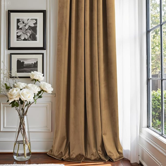 90 Inch Long Curtains Velvet Gold Brown Modern Farmhouse Thermal Curtain for Summer Heat Vintage Boho Rustic Neutral Elegant Fall Drape for Bedroom Dining Room Darkening Mid Century Decor 2 Panels Set