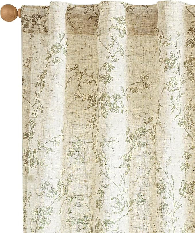 jinchan Green Floral Linen Curtains 84 Inch Farmhouse Back Tab 2 Panels | Flower patterned drapes, french country, light filtering, semi sheer, printed, privacy, bedroom, living room, home decor