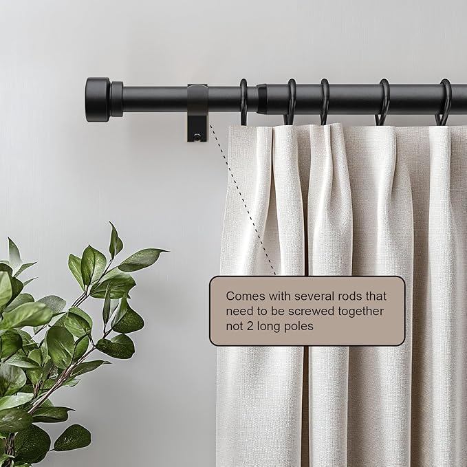 Lootkell Modern Matte Black Curtain Rods for Windows 72 to 144 Adjustable Length Heavy Duty 1" Diameter Window Curtain Rod with Solid Metal Finials for Outdoor Farmhouse Bedroom Kitchen Living Room
