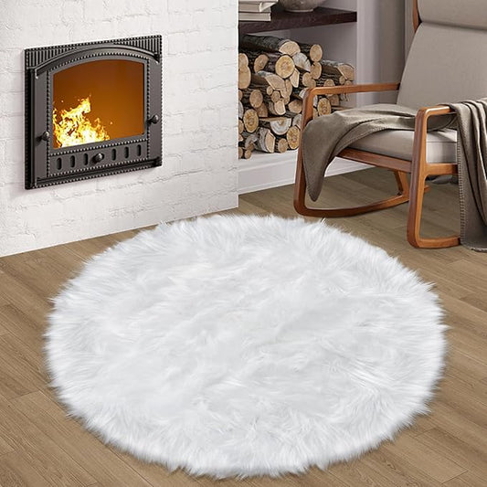3 ft Fluffy White Round Rug for Bedroom Living Room, Soft Furry White Circle Rug for Kids Room Shaggy Circular Carpet for Nursery Teen's Room, Fuzzy Plush Rug for Dorm