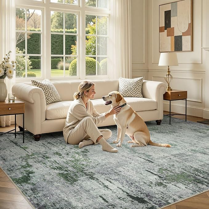 DMOYEST Area Rug Living Room Rugs - 10x14 Large Soft Indoor Neutral Modern Abstract Low Pile Washable Rug Carpet for Bedroom Dining Room Farmhouse Home Office - Green/Grey/Brown