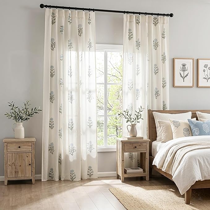 Blue Green Floral Linen Farmhouse Curtains, 84 Inch French Country Cottage Core Light Filtering Pinch Pleated Drapes, Vintage Block Print Pattern Sheer Panel for Living Room Bedroom Sliding Glass Door
