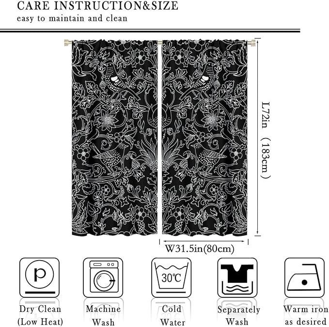 Bohemia William Morris Art Blackout Window Curtains, Vintage Flowers and Birds Dark Magic Forest Background, for Living Room Bedroom 31.5(W)*72(L) 2 Panels