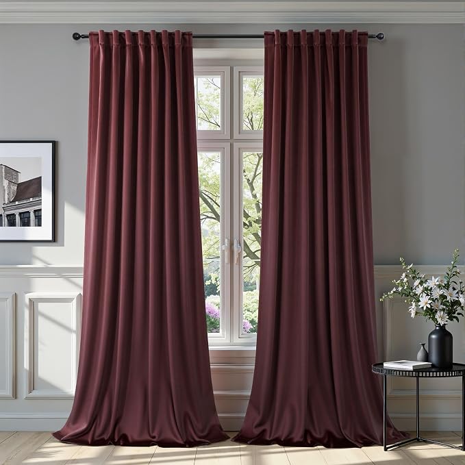 Room Darkening Luxurious Velvet Curtains Ruby Wine 108 Inches Long 2 Panel Noise Absorbing Thermal Insulating Drapes Feminine Curtains for Bedroom Holiday Party Backdrops Media Movie Theater Film Room