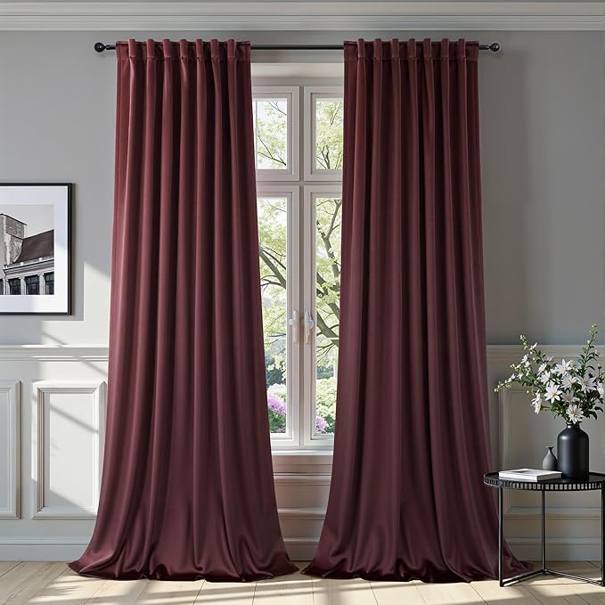Ruby Wine Velvet Curtains 96 Inches Long for Living Room 2 Panels Light Blocking Energy Efficient Cute Pretty Drape Thick Privacy Nursery Girls Curtain for Bedroom Dining Mauve Plum Colored 96 Length