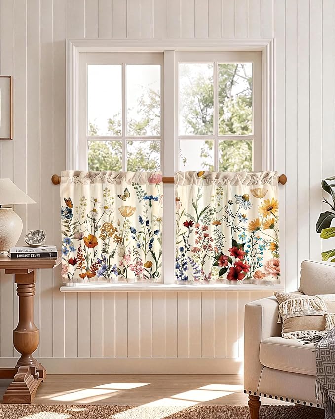 Miss Adola Floral Kitchen Tier Curtains - 24 Inch Length Linen Blend Farmhouse Cafe Curtains Vintage Small Window Treatments Over Sink Rod Pocket for Bathroom Living Room Light Filtering, 2 Panels