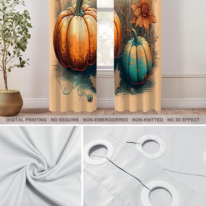 Shrahala Autumn Pumpkin Harvest Blackout Window Curtains, Abstract Art Hand Painting Flowers Grass Thermal Insulated Curtains Grommet Top Window Drapes for Living Room, Bedroom (2 Panels, 52 x 84 in)