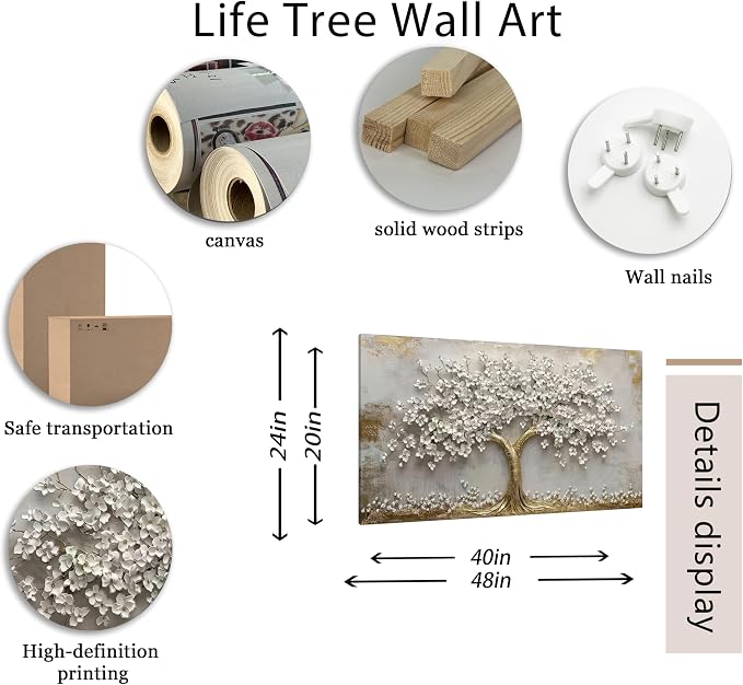 Large Tree of Life Canvas Wall Art Gold and White Flower Big Tree Painting Picture Wall Decor Botanical Floral Poster Print Artwork for Living Room Dining Bedroom
