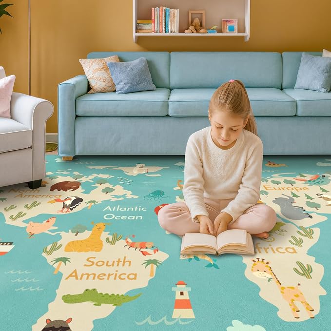 Huge Kids Rugs for Playroom Décor - 9x12 Boho Pastel Classroom Décor for Children, Washable Ultra Soft World Map Carpet with Blue Ocean, Continents & Cute Animals