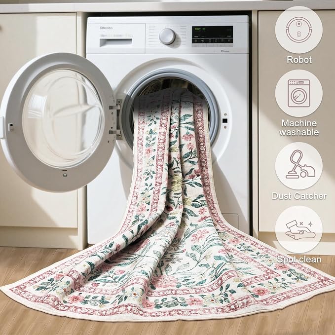 Runner Rug for Entryway: 2x5 Kitchen Rugs Non Slip Washable Ultra-Thin Soft Floral Carpet Indoor Floor Stain Resistant Carpets for Hallway Bedroom Kitchen Laundry Bathroom Dorm Pink/Green