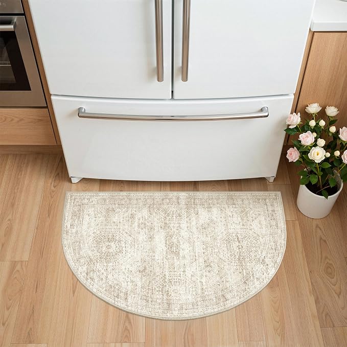 Soalmost Washable Half Circle Round Rug 2x3 Beige, Small Half Moon Rug Entryway Non-Slip Vintage Semi Circle Rugs Indoor Entrance, Low Pile Door Mat for Inside Front Door Bedroom Kitchen Entry
