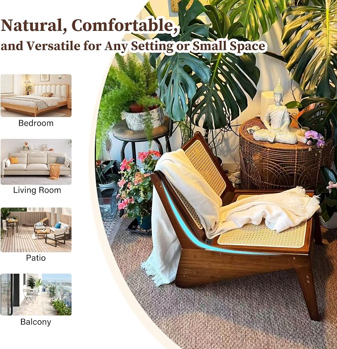 Furlide Mid-Century Accent Chair, Rattan Lounge Chair for Living Room, Boho Side Corner Comfy Chair for Bedroom and Balcony, Walnut