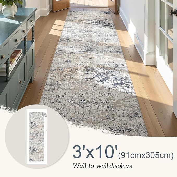 DMOYEST 3x10 Washable Runner Rug for Hallway: Soft Neutral Modern Abstract Low Pile Rug Indoor - Carpet for Bedroom Dining Room Kitchen Entryway - Beige Blue