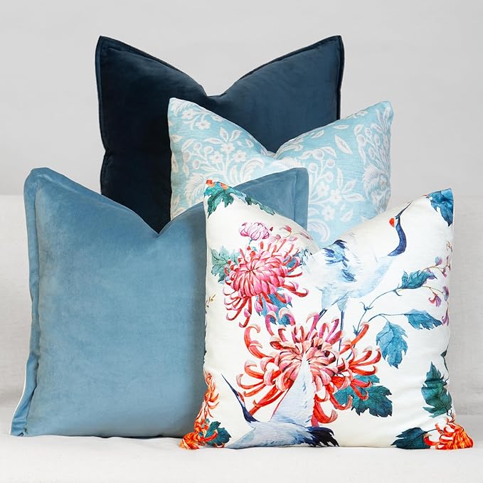 Decorative Throw Pillow Set of 4, 18" x 18" Colorful Blue Floral Accent Pillow Covers, Velvet Crane