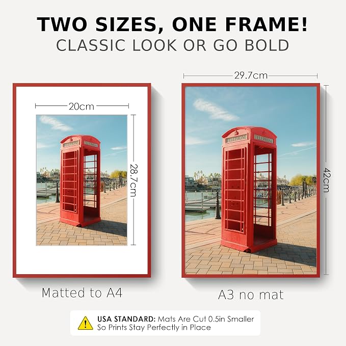 A3 Picture Frame 11.7x16.5 for A4 8.3x11.7 Photo, Aluminum Frame, Red | Sleek Metal Frame for Wall, Desk & Gift | Beveled Glass & Hardware, Minimalist