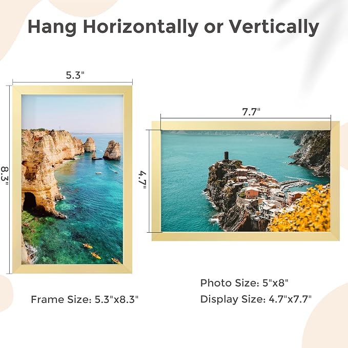 FLYJOE 5x8 Metal Picture Frame - Gold Aluminum Photo Frames-Real Real Glass,Tabletop Display,Mounting Horizontally or Vertically Decor for Wall Gallery Poster Photo 5x8 Frames, Gold
