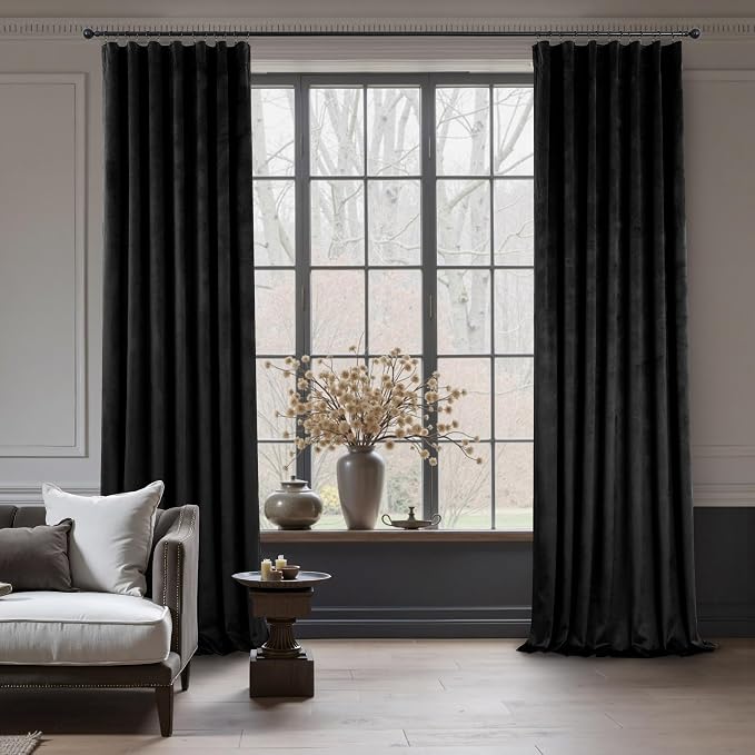 Black Velvet Curtains for Living Room 84 Inch Length 2 Panel Back Tab Pocket Thick Luxury Living Room Darkening Light Blocking Thermal Insulated Black Out Long Drape for Bedroom Halloween Gothic Decor