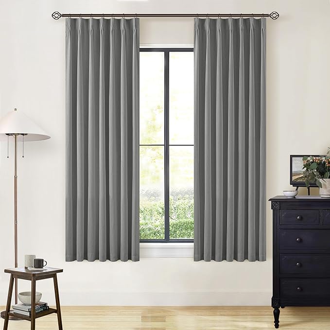 Grey Pinch Pleated Black Out Curtains 63 Inch Long for Living Room Bedroom Insulated Thermal Room Darkening Kitchen Drapes for 63 Inch Window Boho Linen Basement Office Dining Room Pinch Pleat