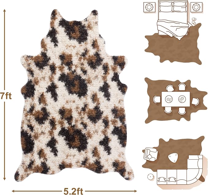 Faux Fur Cowhide Rug: Fluffy Cow Print 5.2x7 Feet Washable Cow Hide Rug for Living Room Bedroom Animal Print Skin Rustic Western Décor Black and Brown