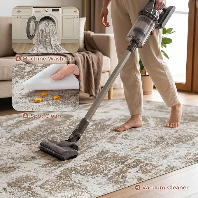 DMOYEST 7x9 Washable Area Rug: Abstract Modern Non-Slip Carpet, Soft Low Pile Indoor Neutral Easy Clean Floor Rugs for Living Room Bedroom Dining Room Kids & Pets - Brown