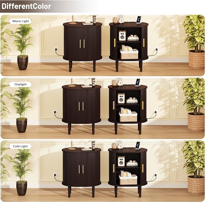 DHH Mid Century Modern Nightstand with Charging Station, Fluted Accent Side Table with Sliding Door & Adjustable Shelf, End Table for Small Space, Living Room, Bedroom,Sofa Couch(1, Dark Walnut)