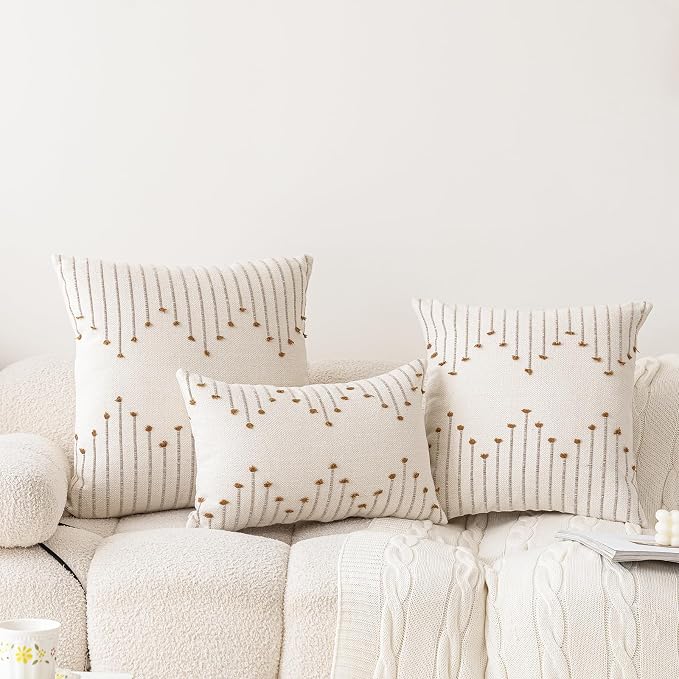 LILEPOY Boho Throw Pillow Covers 18x18 Set of 2 Neutral Decorative Textured Cushion Case Farmhouse Pillowcase Modern Square Pillow Covers for Sofa,Couch, Living Room,Beige and Brown
