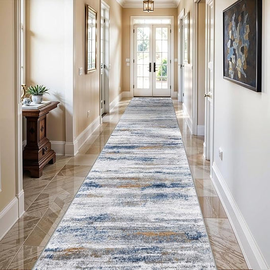 Washable Hallway Runner Rug for Home: Extra Long Runners for Entryway Living Room Dining Room - Stain and Water Resistant Rugs with Non-Slip Backing - Soft Low-Pile Carpet 2'6''x12' Navy Grey