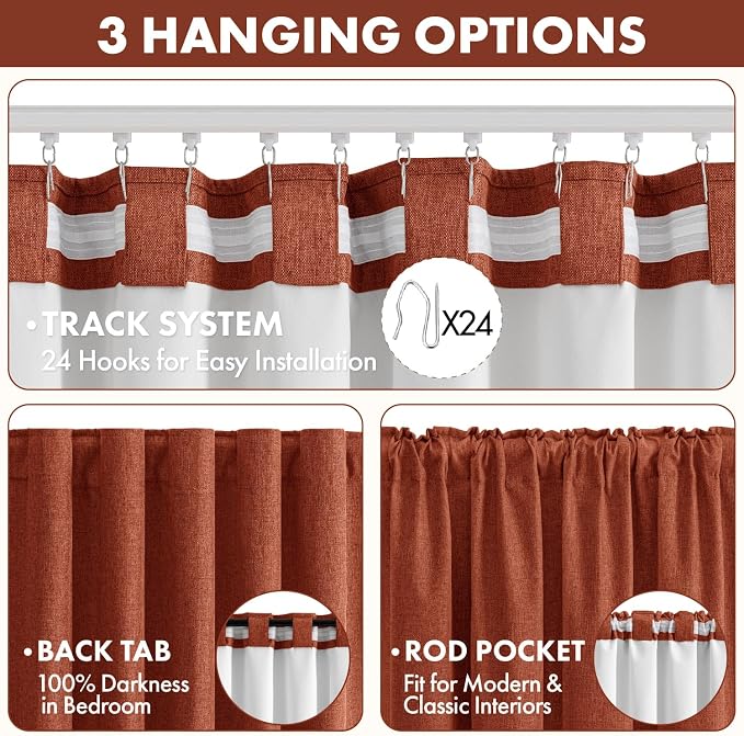 MIULEE 100% Blackout Linen Curtains for Bedroom 96 inches Long, Thermal Insulated Room Darkening Black Out Drapes for Living Room, Back Tab Rod Pocket, 2 Panels Set, 40 Wide x 96 Length, Terracotta