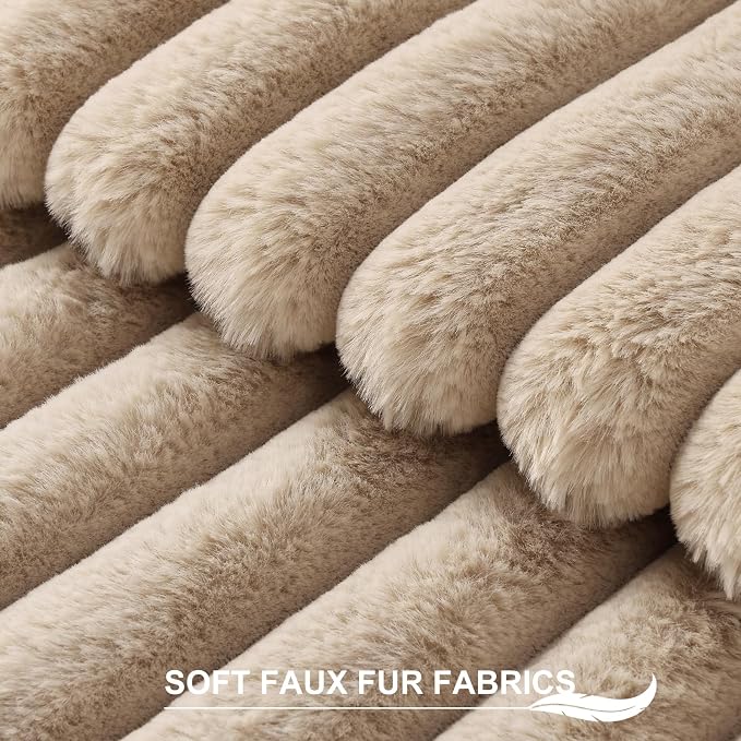 Pallene Faux Fur Plush Throw Pillow Covers 20x20 Set of 2, Luxury Soft Fluffy Striped Decorative Pillow Covers for Sofa, Couch, Living Room, Khaki