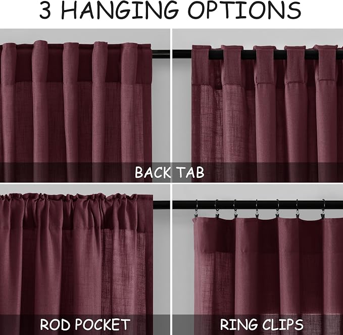Nanspring Burgundy Linen Curtains 108 Inches Long for Living Room Bedroom 2 Panels Set Extra Long Back Tab Curtain Light Filtering Sheer Drapes Floor to Ceiling Curtain for Large Windows 52x108